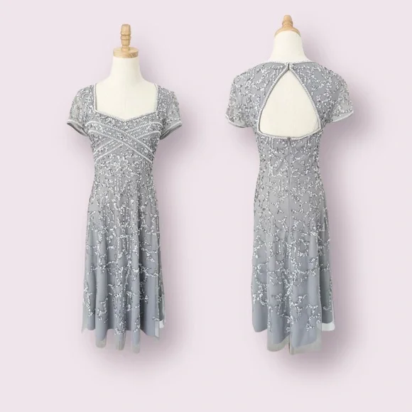 Adrianna Papell Sequin Embellished Cocktail Midi Dress Silver Size 10 - Picture 5 of 10